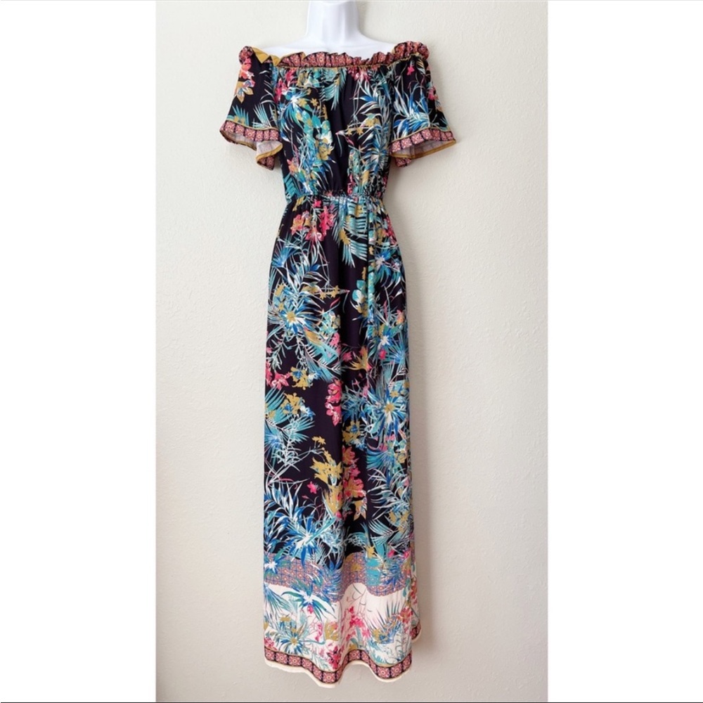 Flying Tomato off shoulders black tropical side slit maxi dress S